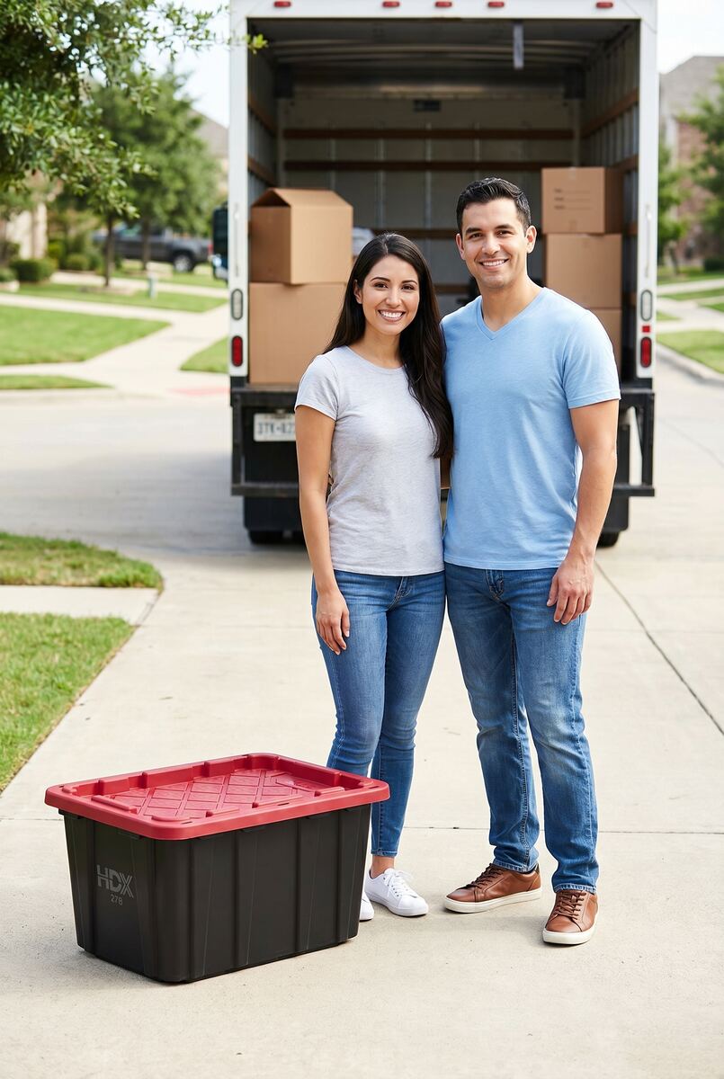 Happy couple with Red Tote Rentals moving tote in front of moving truck