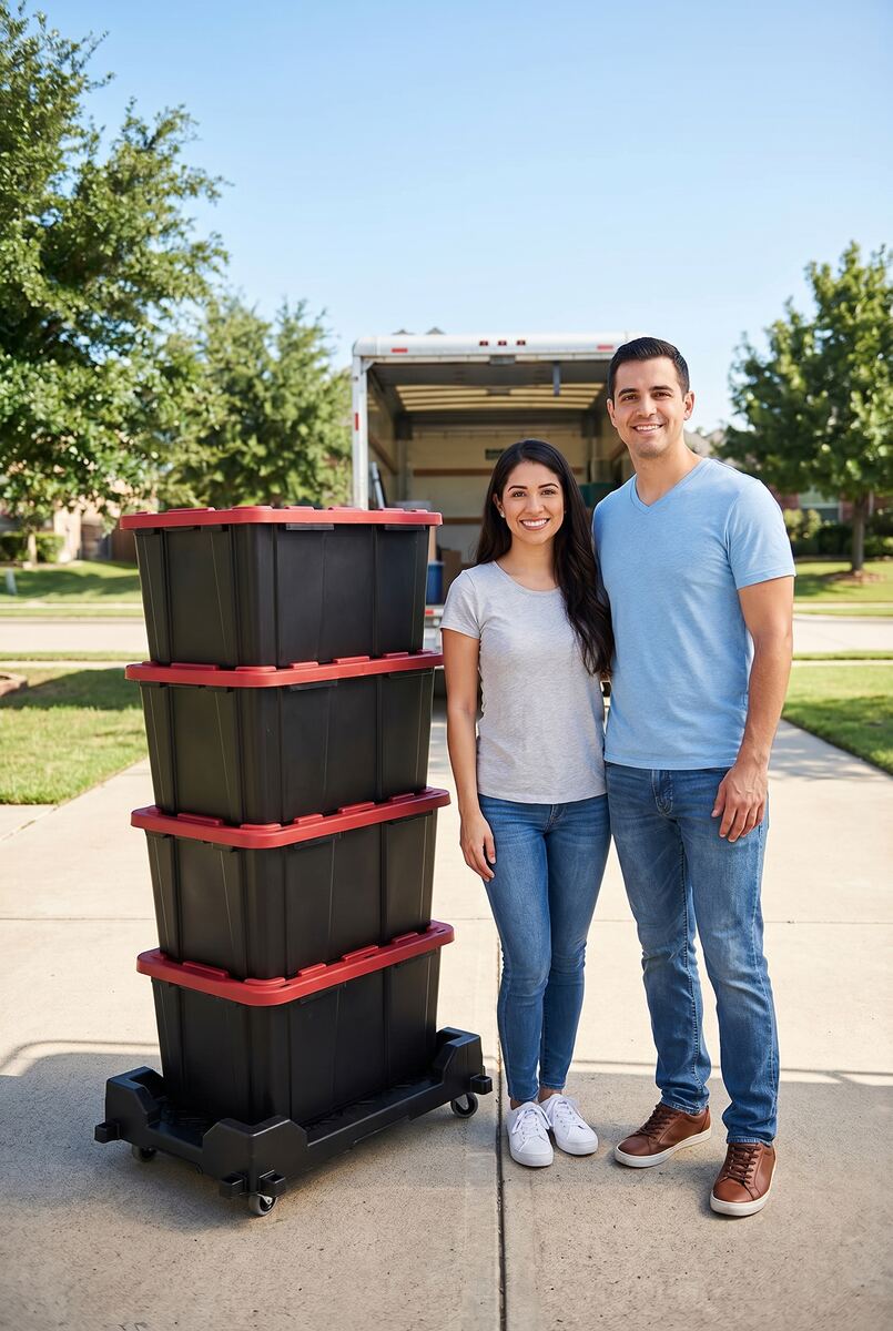 Couple with stacked Red Tote Rentals moving totes and dolly