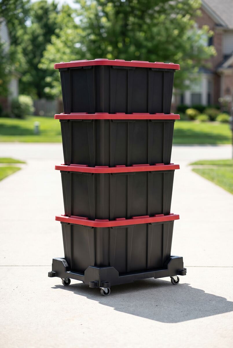 HDX 27-gallon moving totes stacked on dolly — Red Tote Rentals
